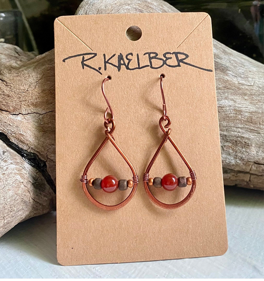 Carnelian and Copper Teardrop Earrings - R.Kaelber Art