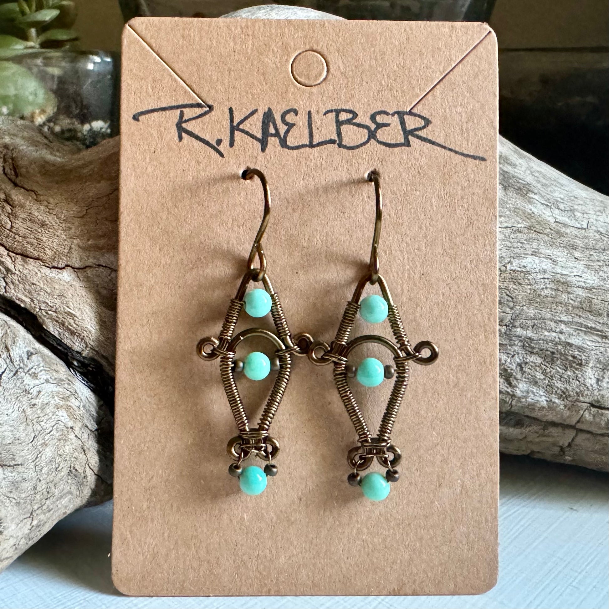 Green Opal and Antique Bronze Dangle Earrings - R.Kaelber Art