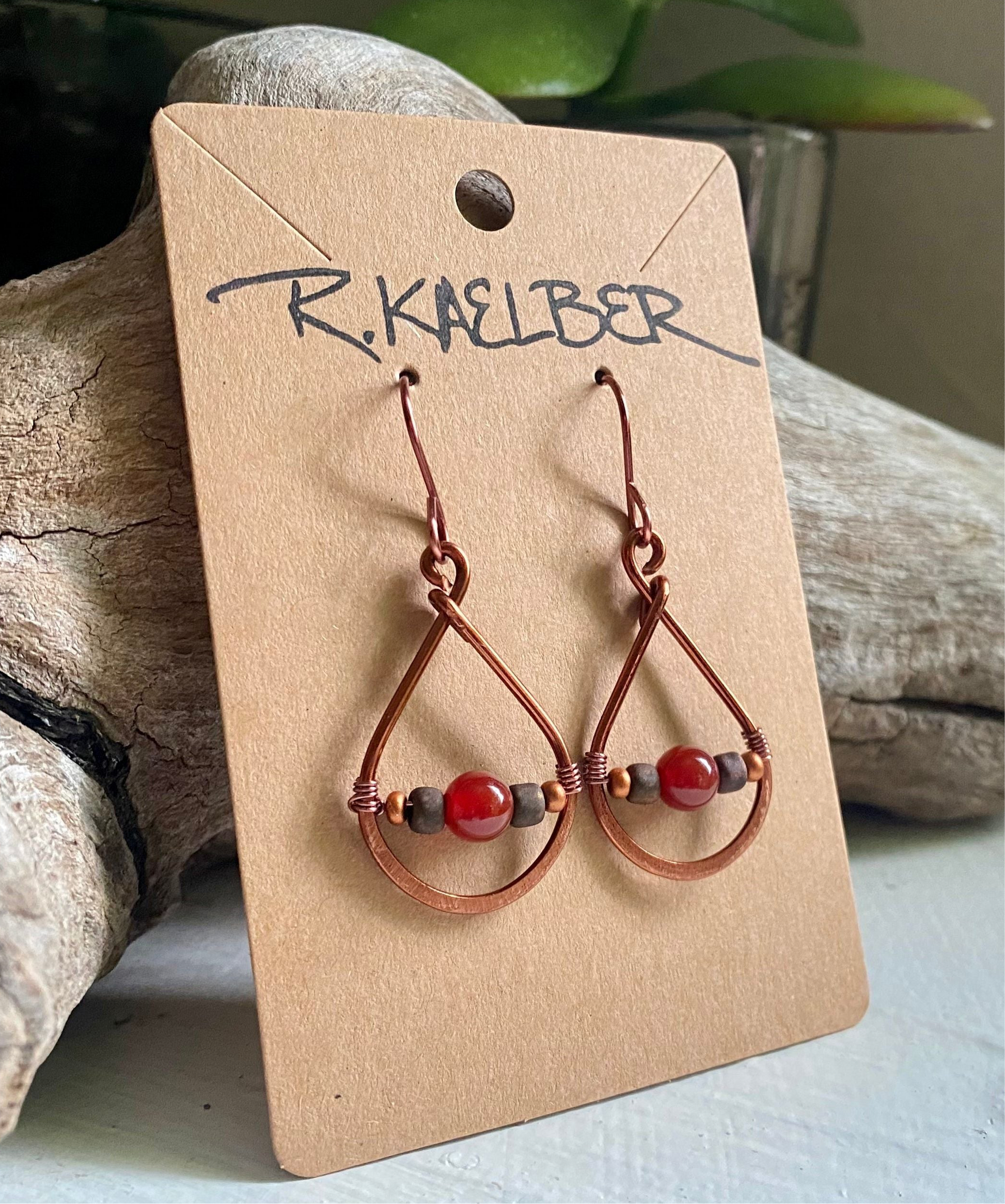 Carnelian and Copper Teardrop Earrings - R.Kaelber Art