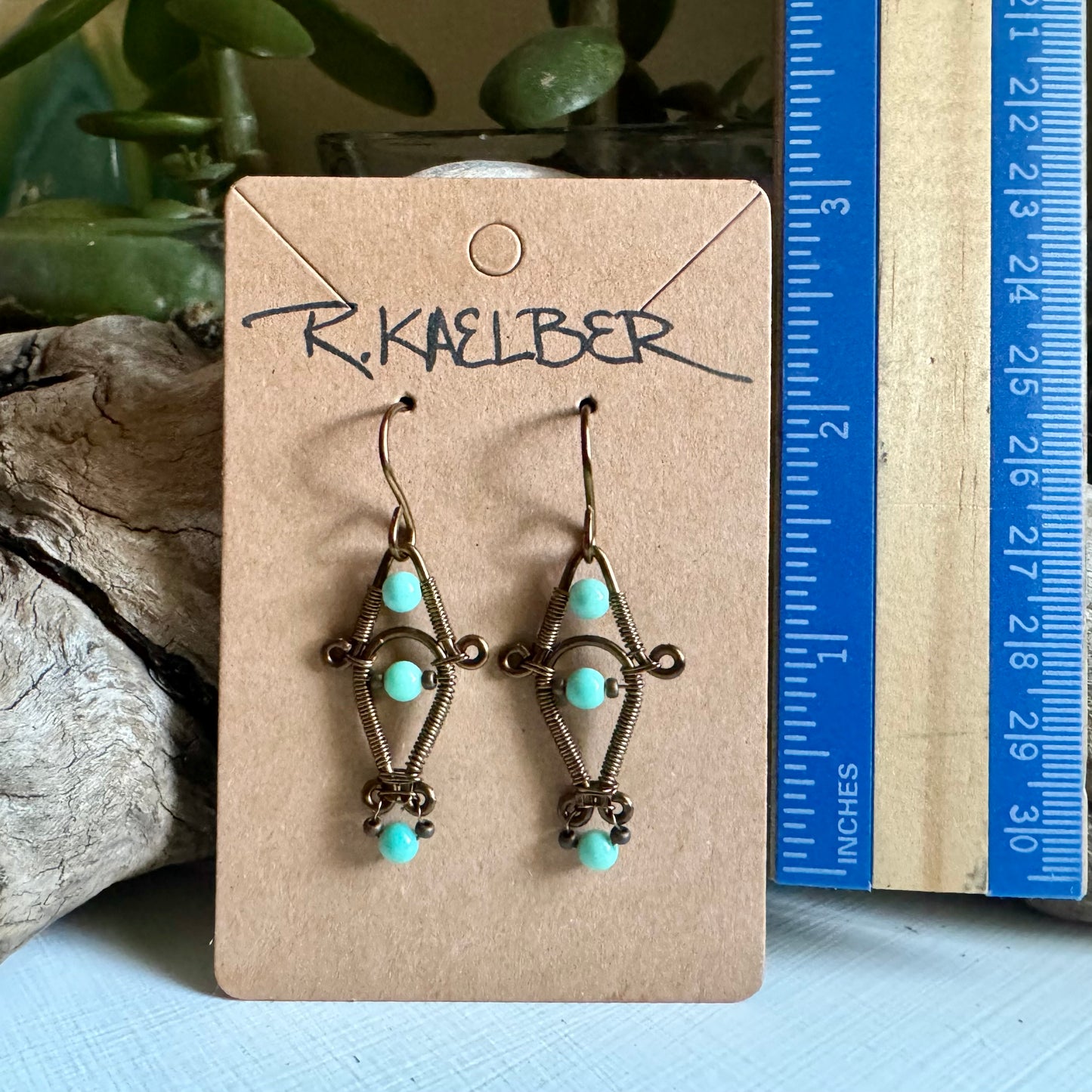 Green Opal and Antique Bronze Dangle Earrings - R.Kaelber Art