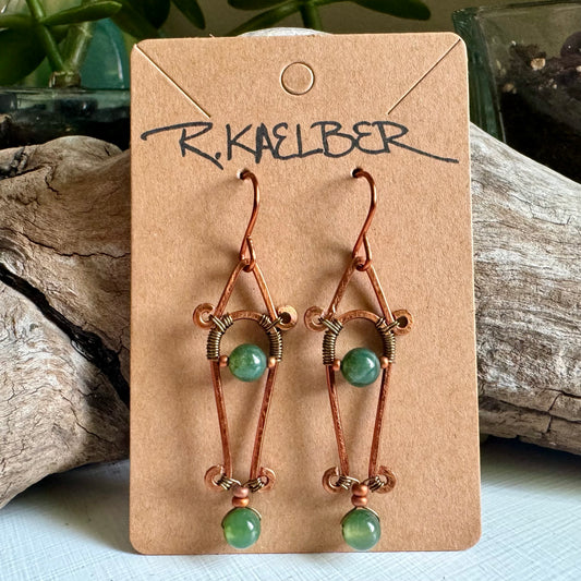 Moss Agate Dangle Earrings with Hammered Copper and Antique Bronze - R.Kaelber Art