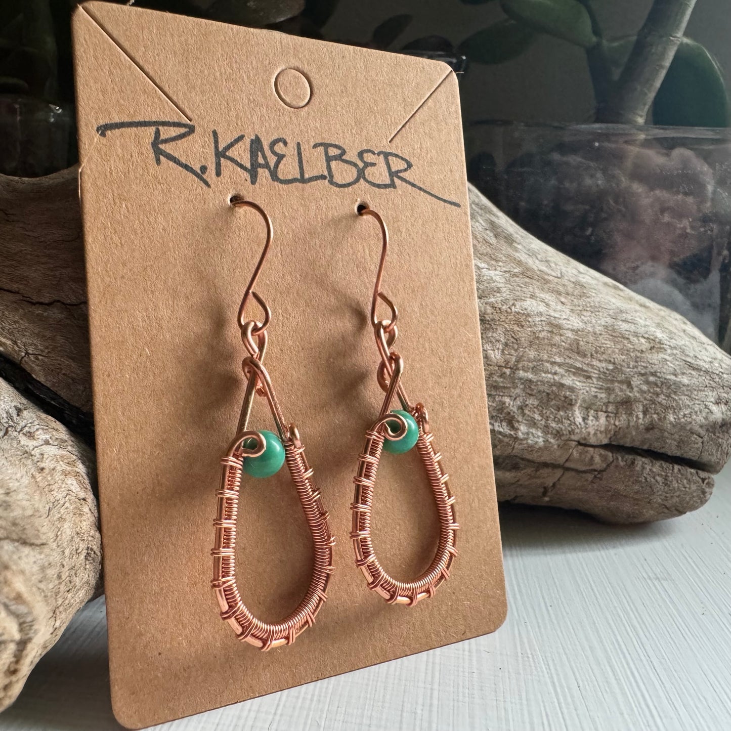 Turquoise Teardrop Earrings with Wire Wrapped Copper