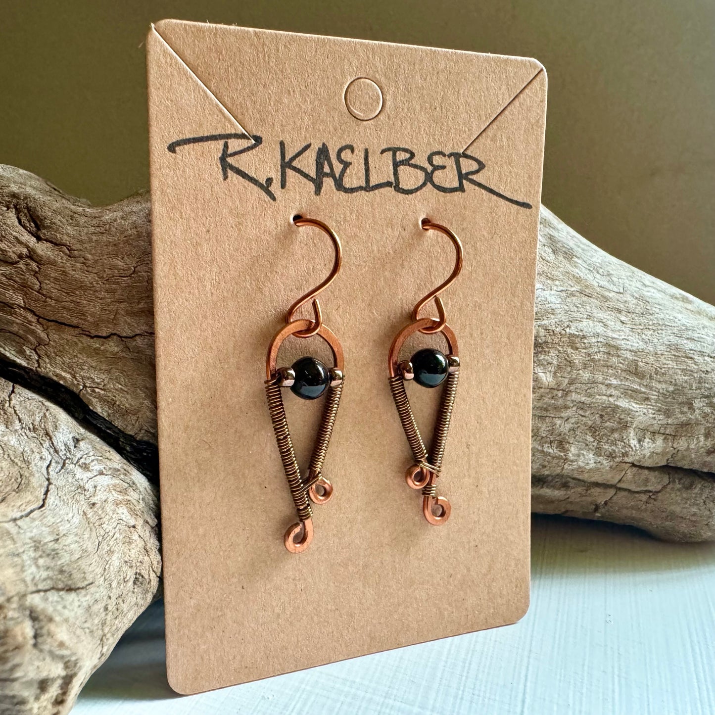 Onyx, Copper and Antique Bronze Dangle Earrings