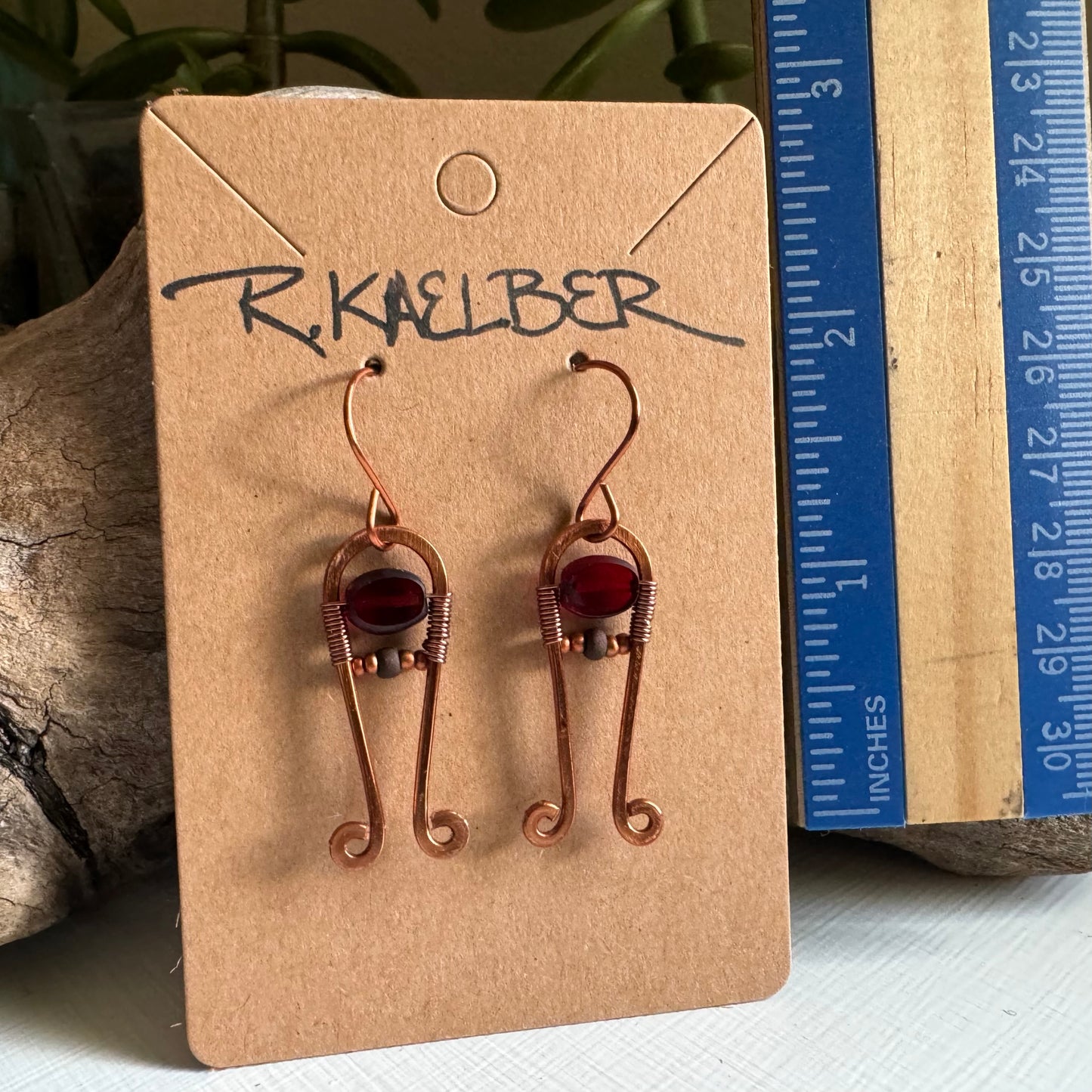 Garnet and Hammered Copper Dangle Earrings - R.Kaelber Art