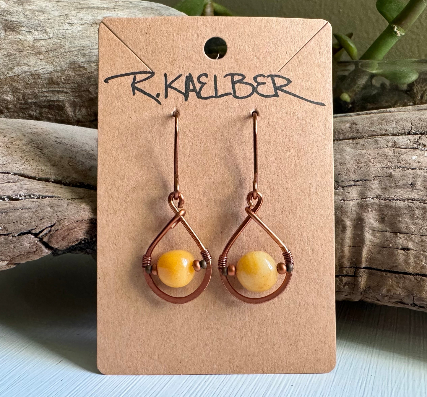 Yellow Jade and Copper Teardrop Earrings - R.Kaelber Art