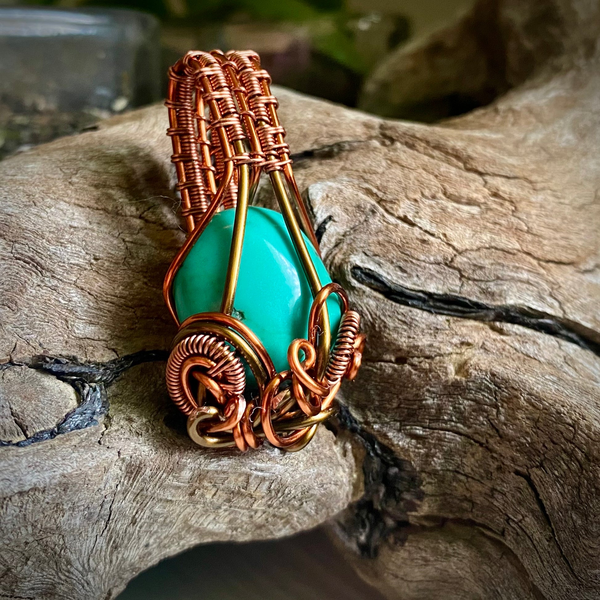 Turquoise, Copper, and Antique Bronze Pendant - R.Kaelber Art