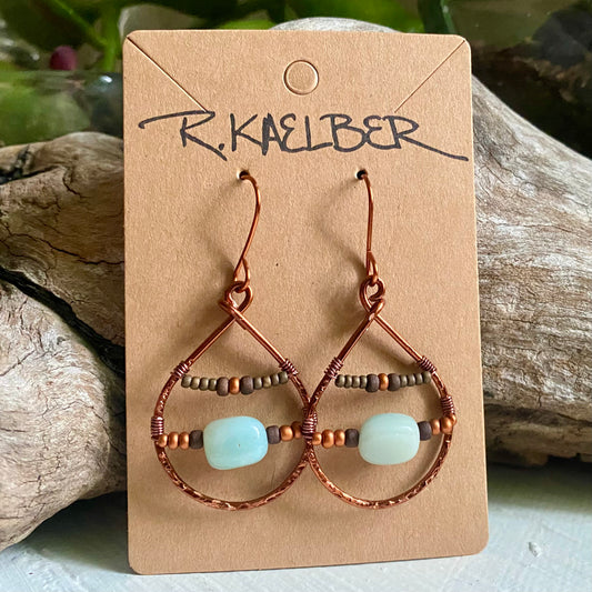 Amazonite Teardrop Earrings with Copper and Seedbeads - R.Kaelber Art