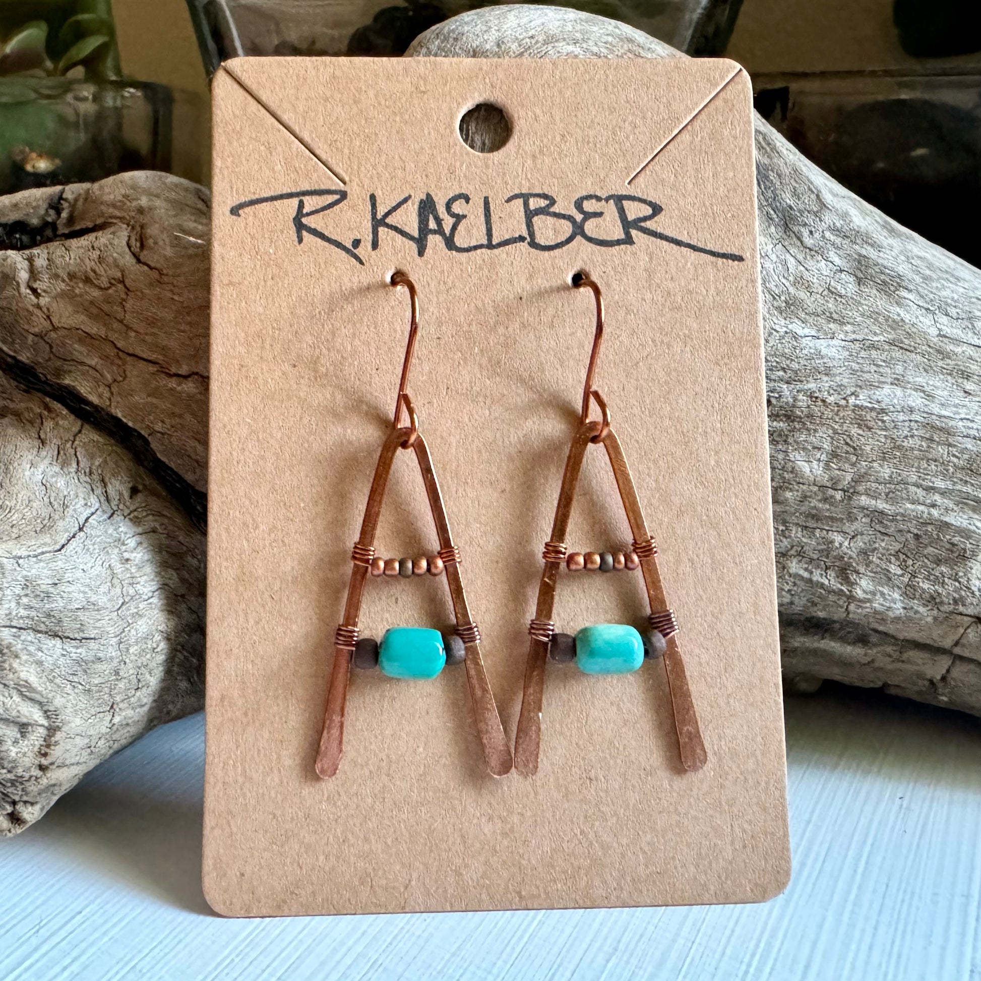 Turquoise A-Frame Earrings with Hammered Copper - R.Kaelber Art