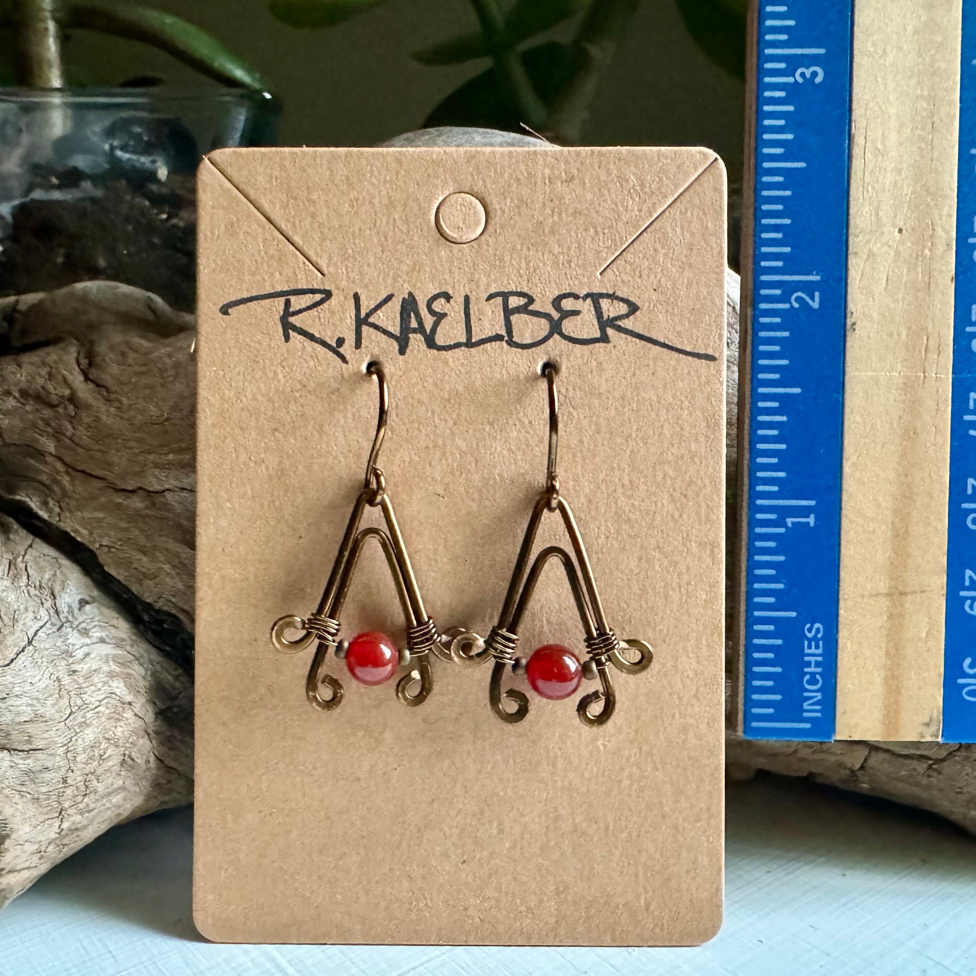 Carnelian and Antique Bronze A-Frame Earrings - R.Kaelber Art