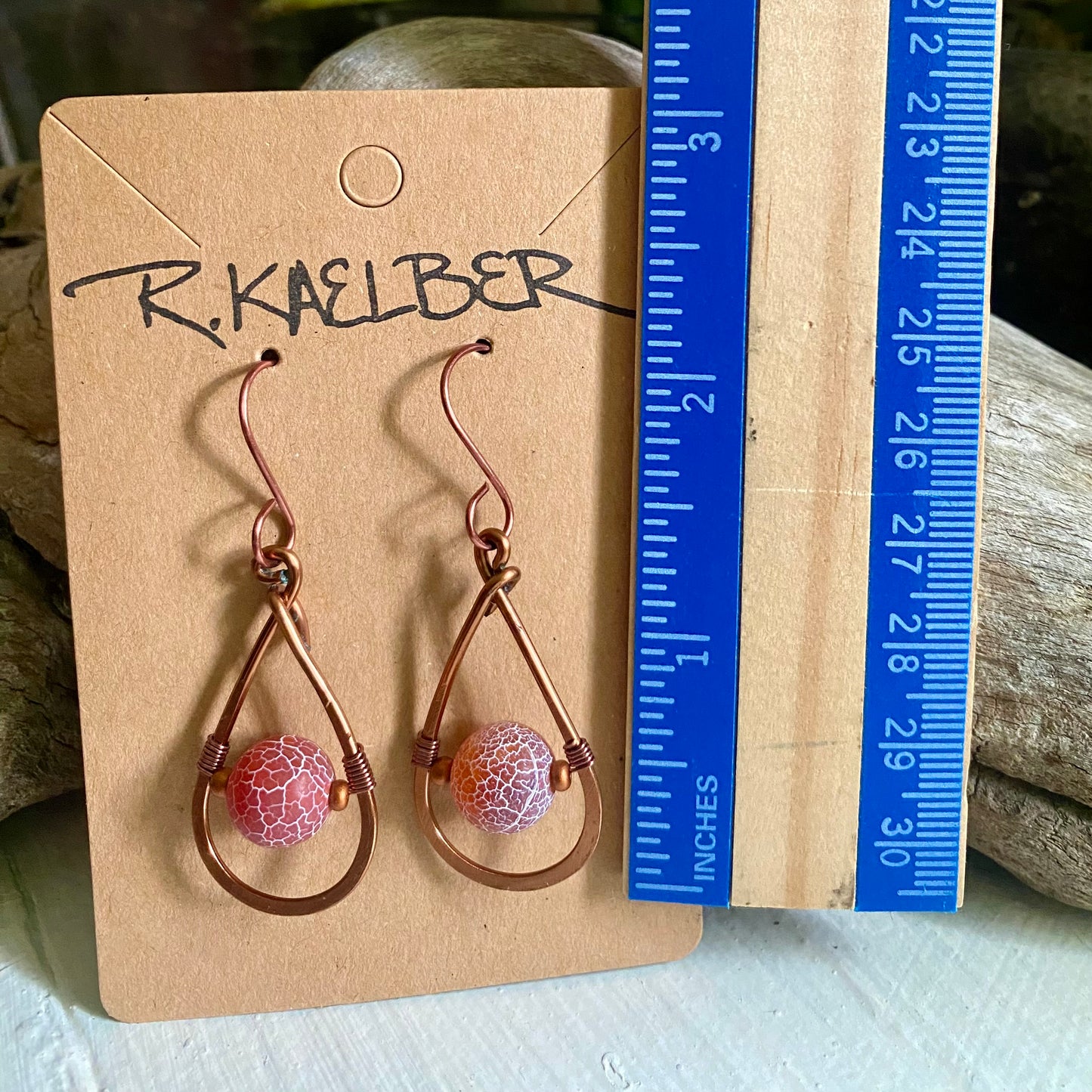 Red-Orange Crackle Agate and Copper Teardrop Earrings