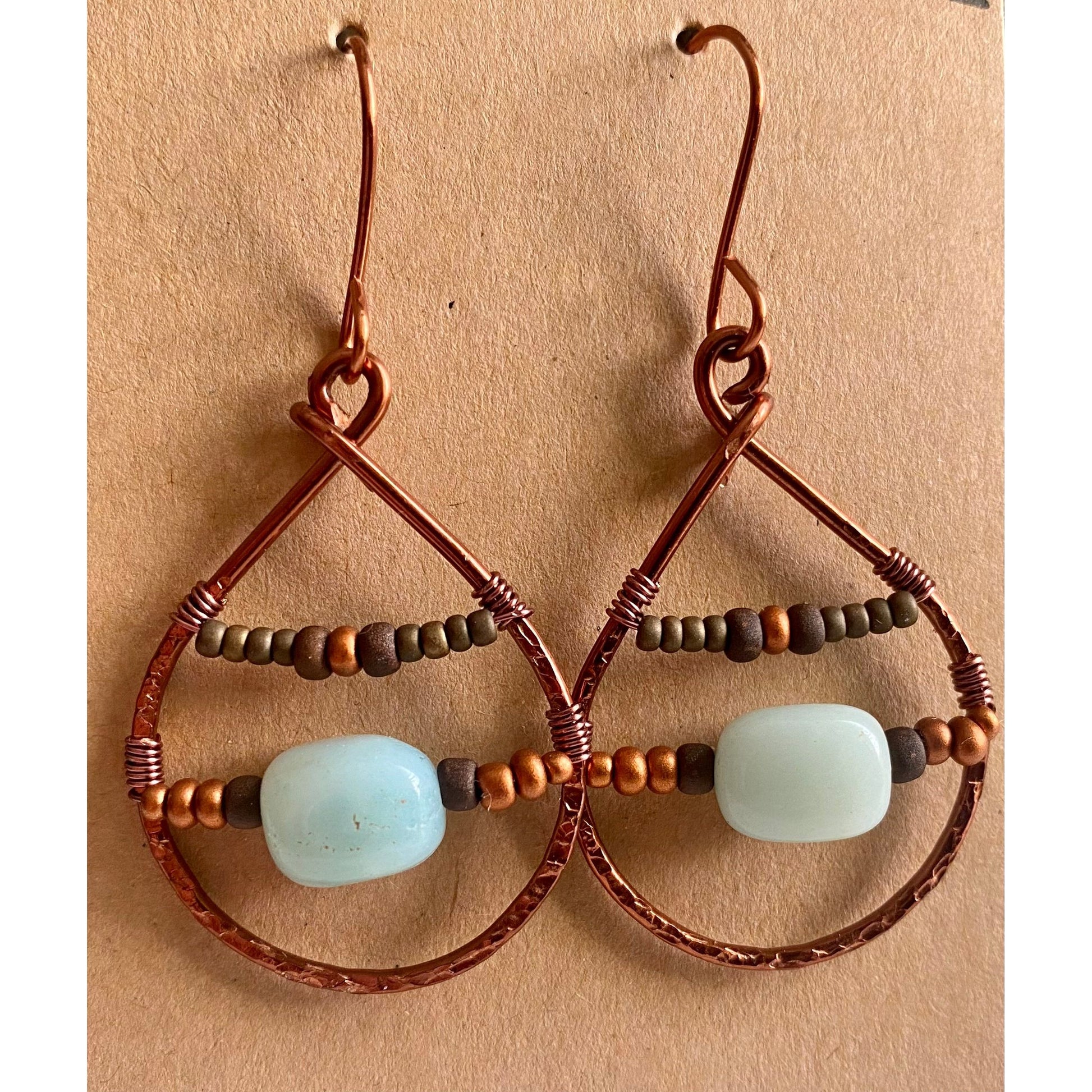 Amazonite Teardrop Earrings with Copper and Seedbeads - R.Kaelber Art