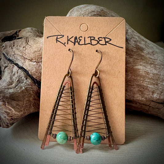 Turquoise A-Frame Earrings with Hammered Copper and Antique Bronze