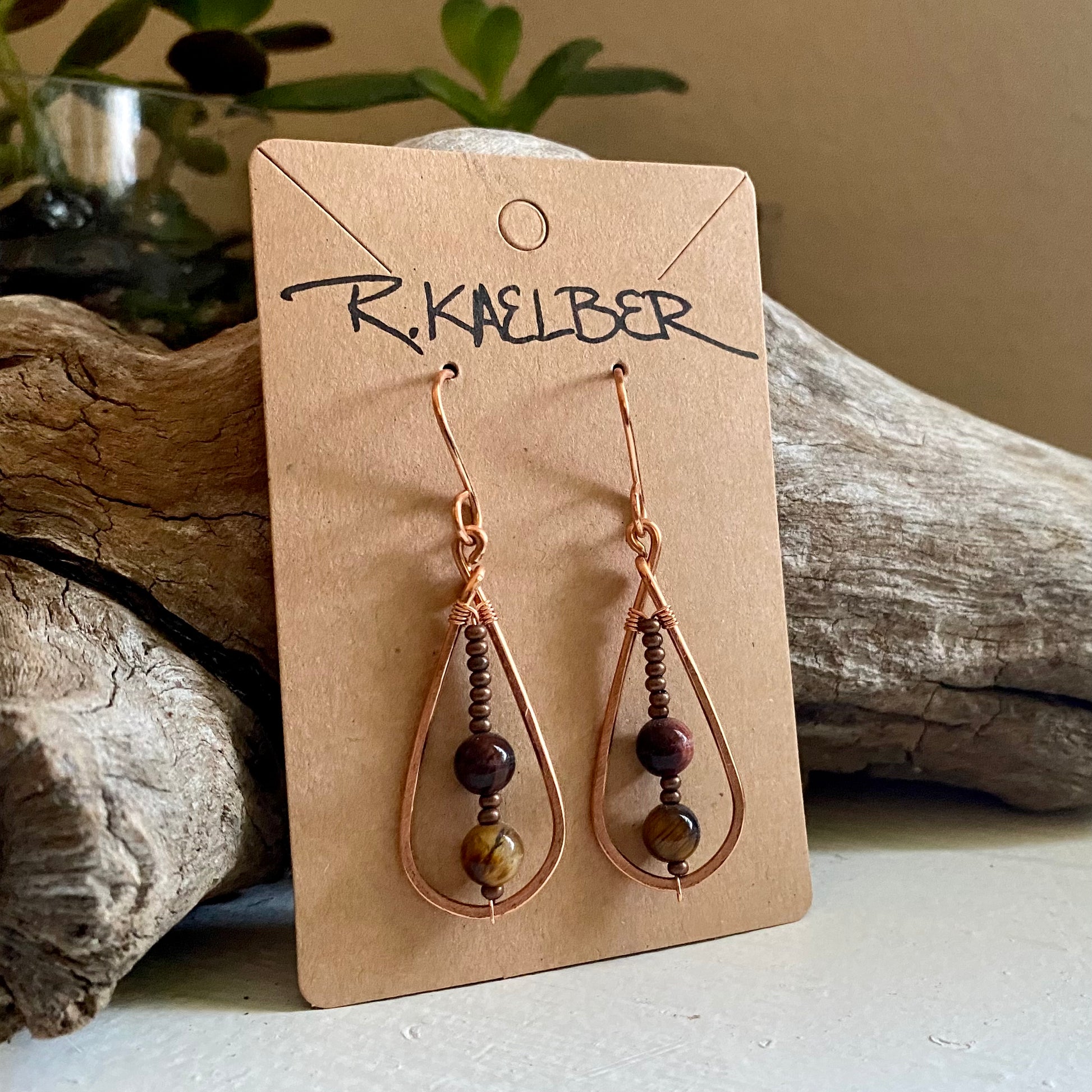 Tiger’s Eye and Copper Teardrop Earrings - R.Kaelber Art