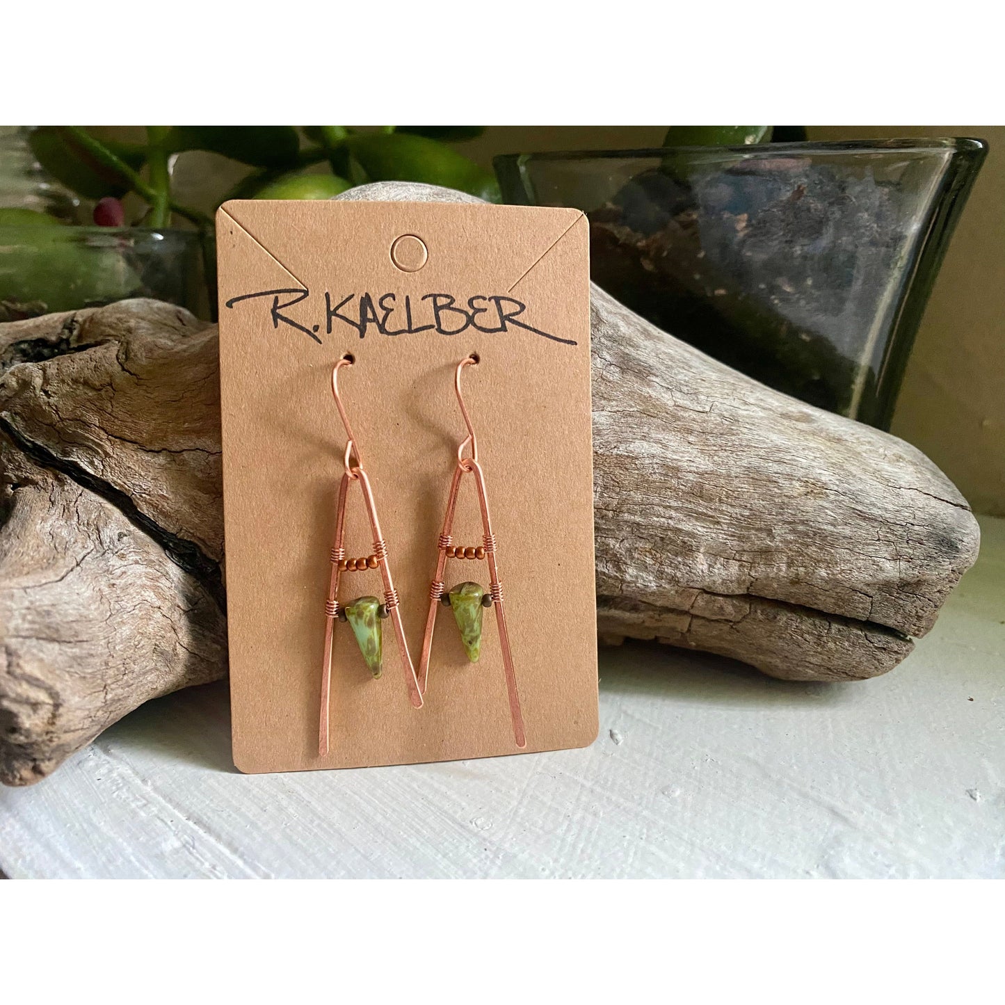 Copper A-frame Dangle Earrings with Green beads - R.Kaelber Art