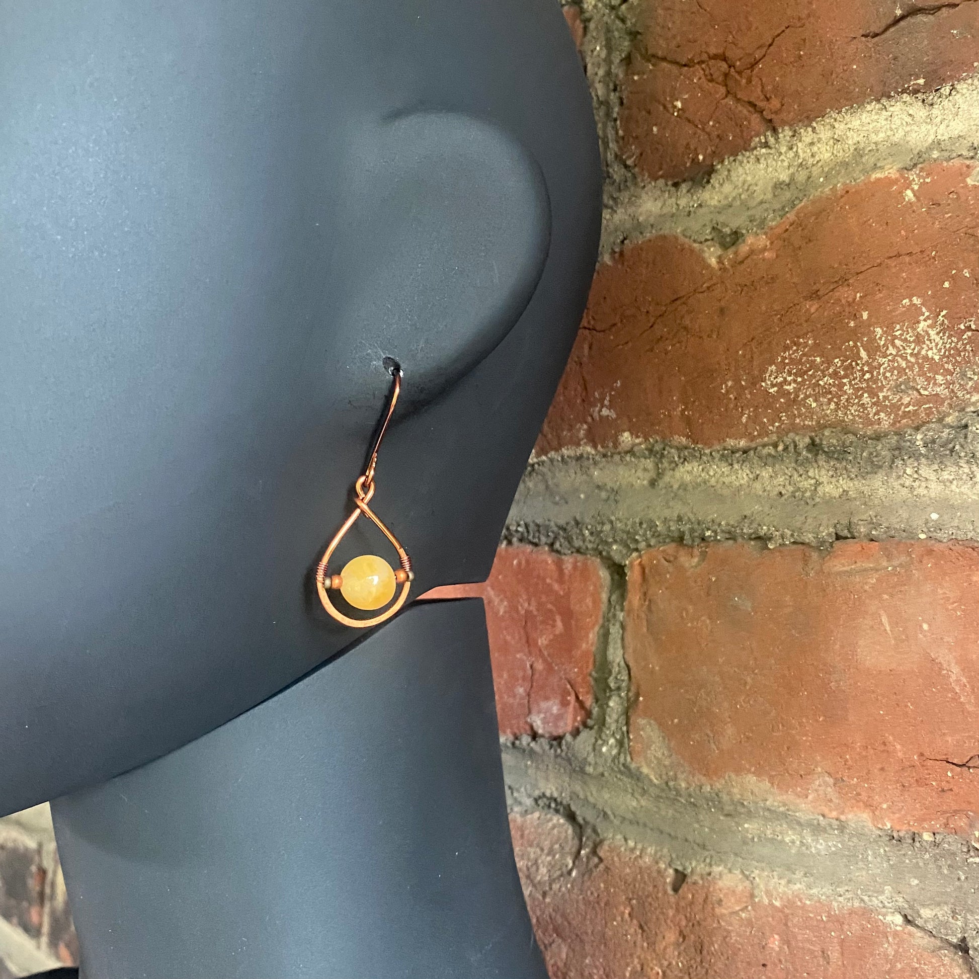 Yellow Jade and Copper Teardrop Earrings - R.Kaelber Art