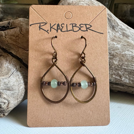 Aventurine and Hammered Antique Bronze Teardrop Earrings - R.Kaelber Art