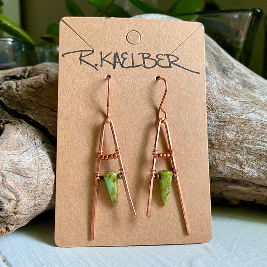 Copper A-frame Dangle Earrings with Green beads - R.Kaelber Art