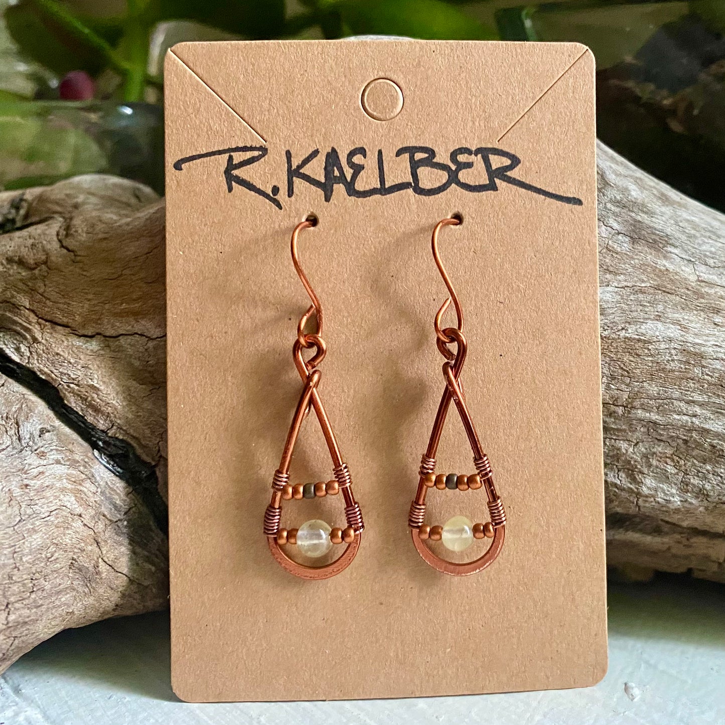 Prehnite and Copper Teardrop Earrings - R.Kaelber Art