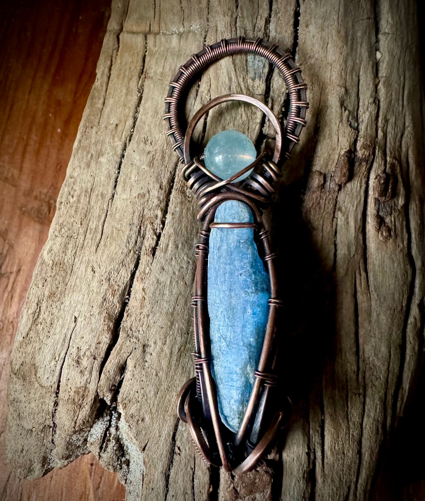 Aquamarine, Kyanite, and Copper Circular Pendant