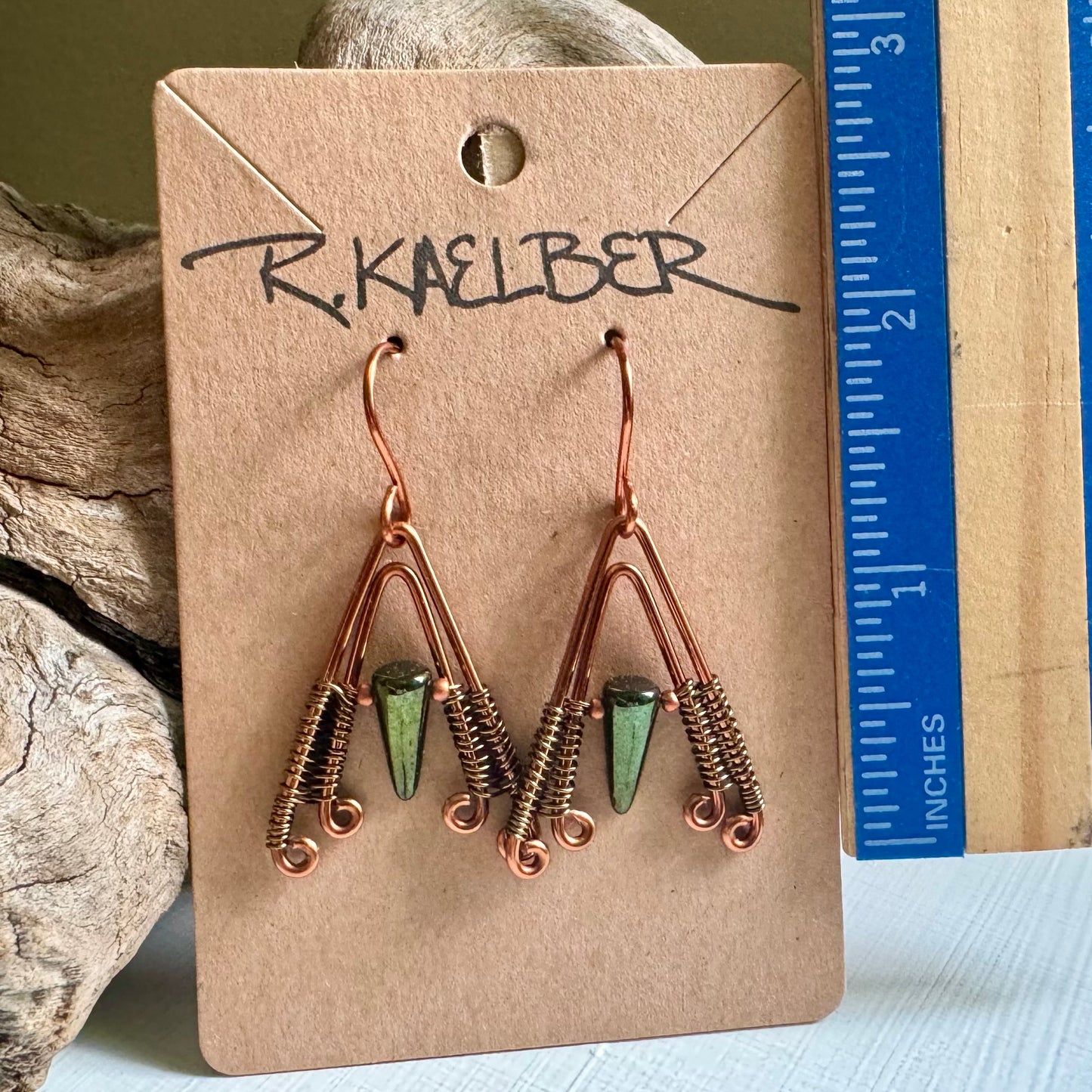 Jet, Copper, and Antique Bronze A-Frame Earrings - R.Kaelber Art