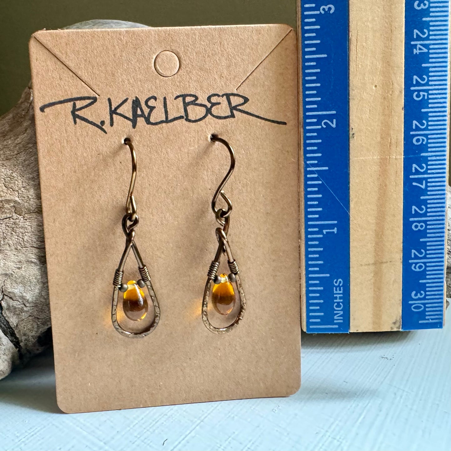 Amber colored Glass Teardrop Earrings with hammered antique bronze