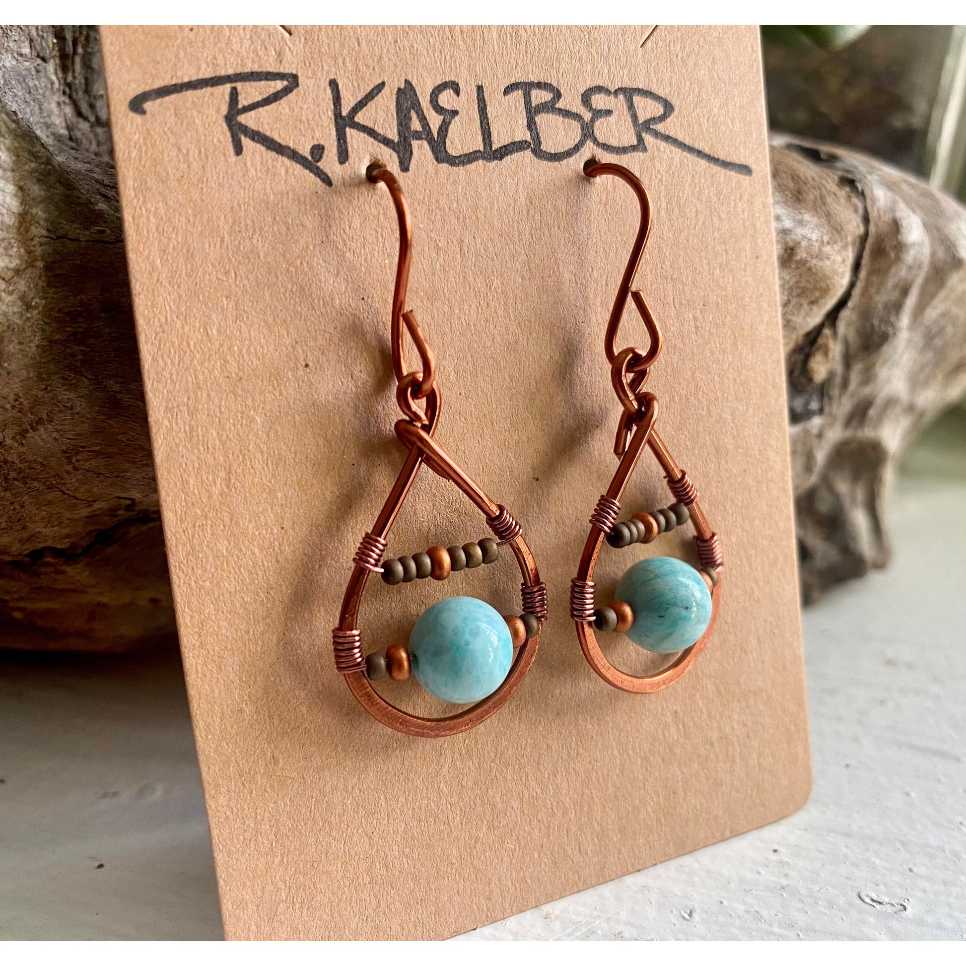 Amazonite Teardrop Earrings with Copper and Seedbeads - R.Kaelber Art