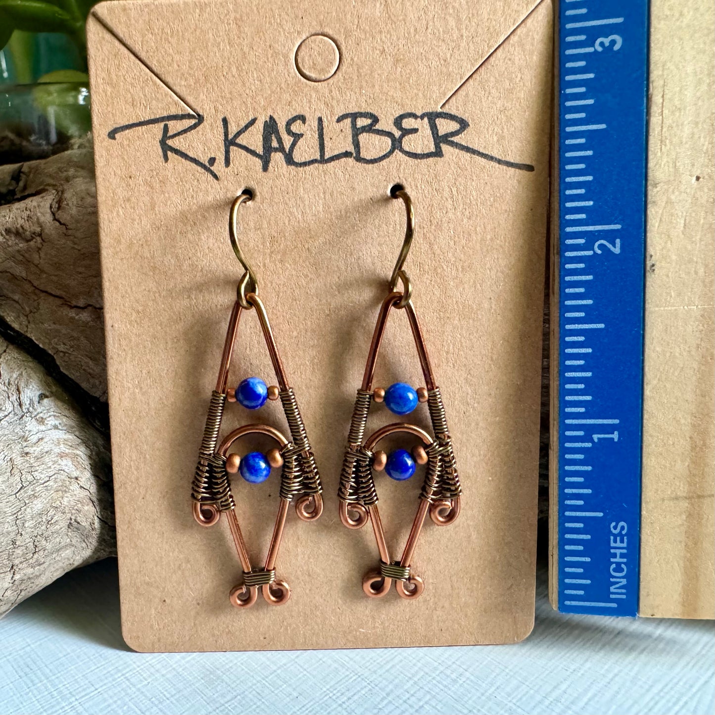 Lapis Lazuli, Copper, and Antique Bronze Wire Wrapped Dangle Earrings - R.Kaelber Art