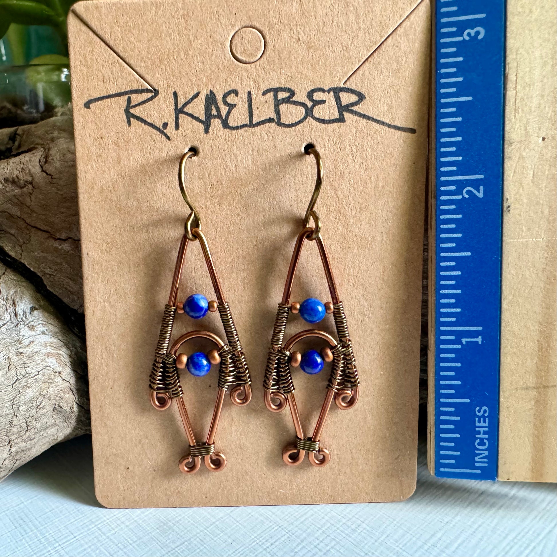 Lapis Lazuli, Copper, and Antique Bronze Wire Wrapped Dangle Earrings - R.Kaelber Art