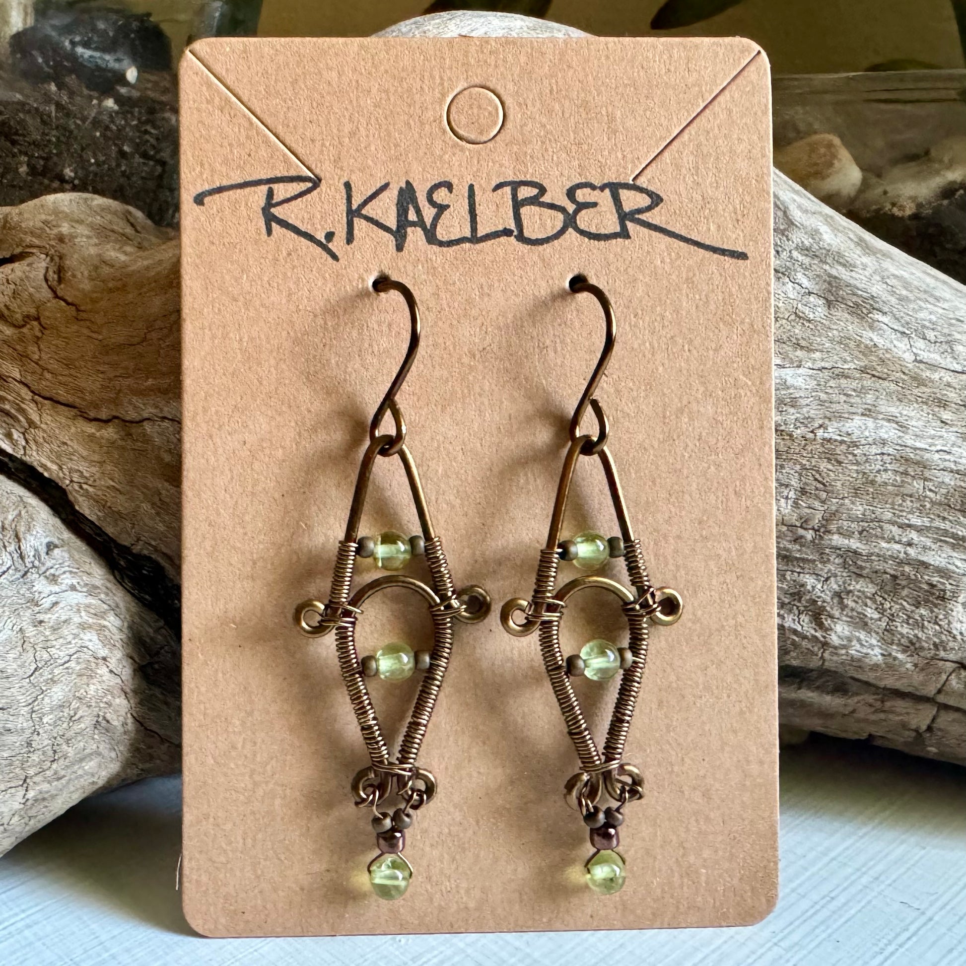 Prehnite and Antique Bronze Dangle Earrings - R.Kaelber Art