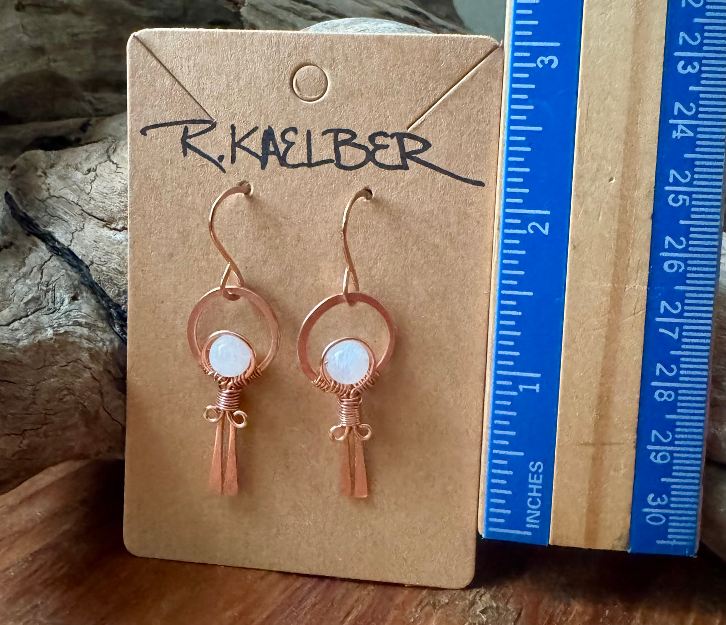 Rainbow Moonstone and Copper Lollipop Dangle Earrings