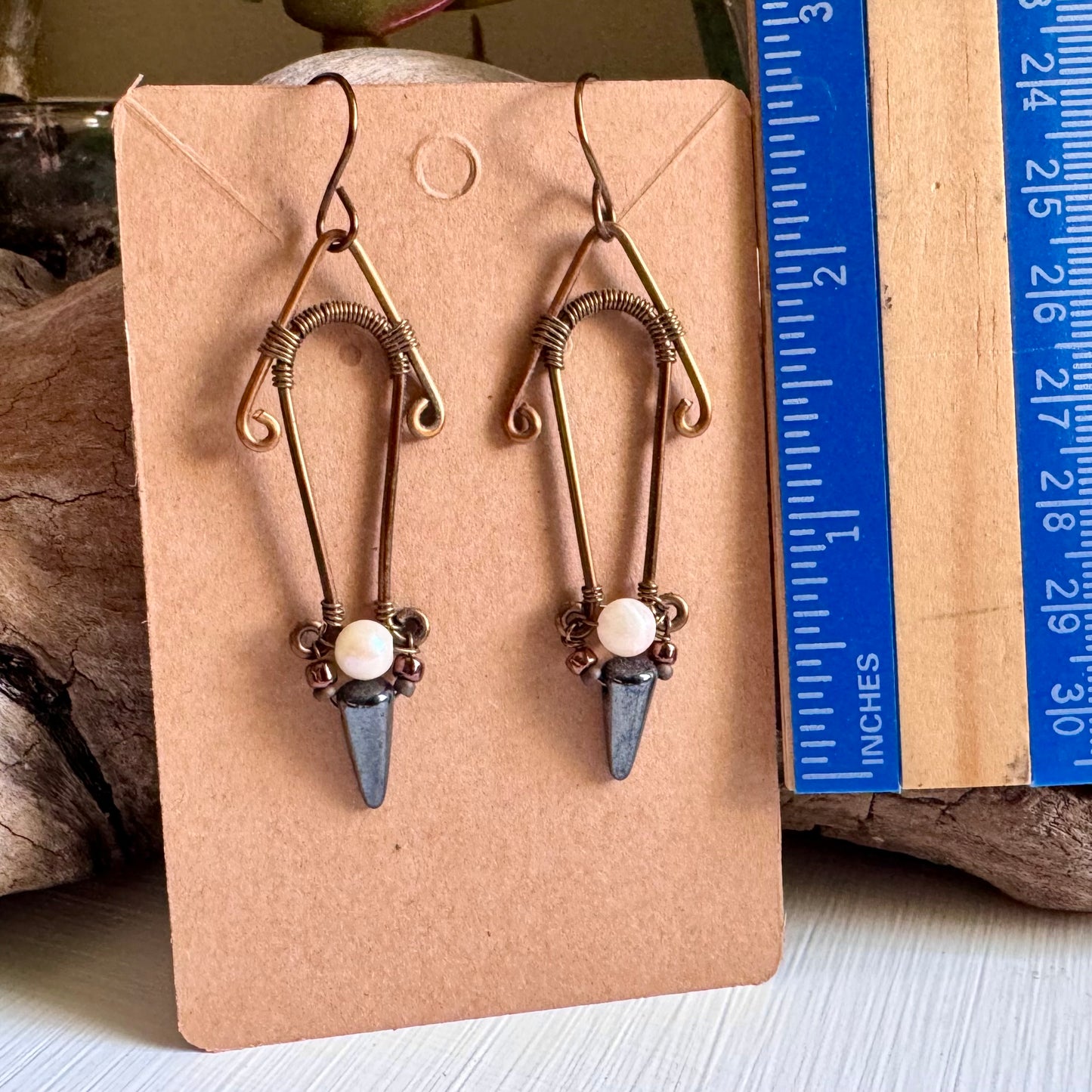 Akoya Pearl, Haematite and Antique Bronze Dangle Earrings