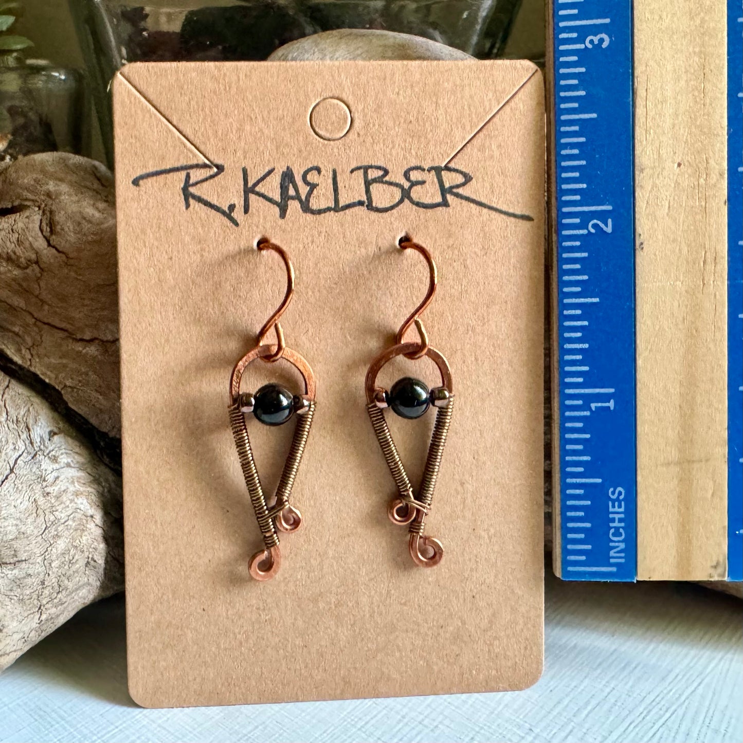 Onyx, Copper and Antique Bronze Dangle Earrings