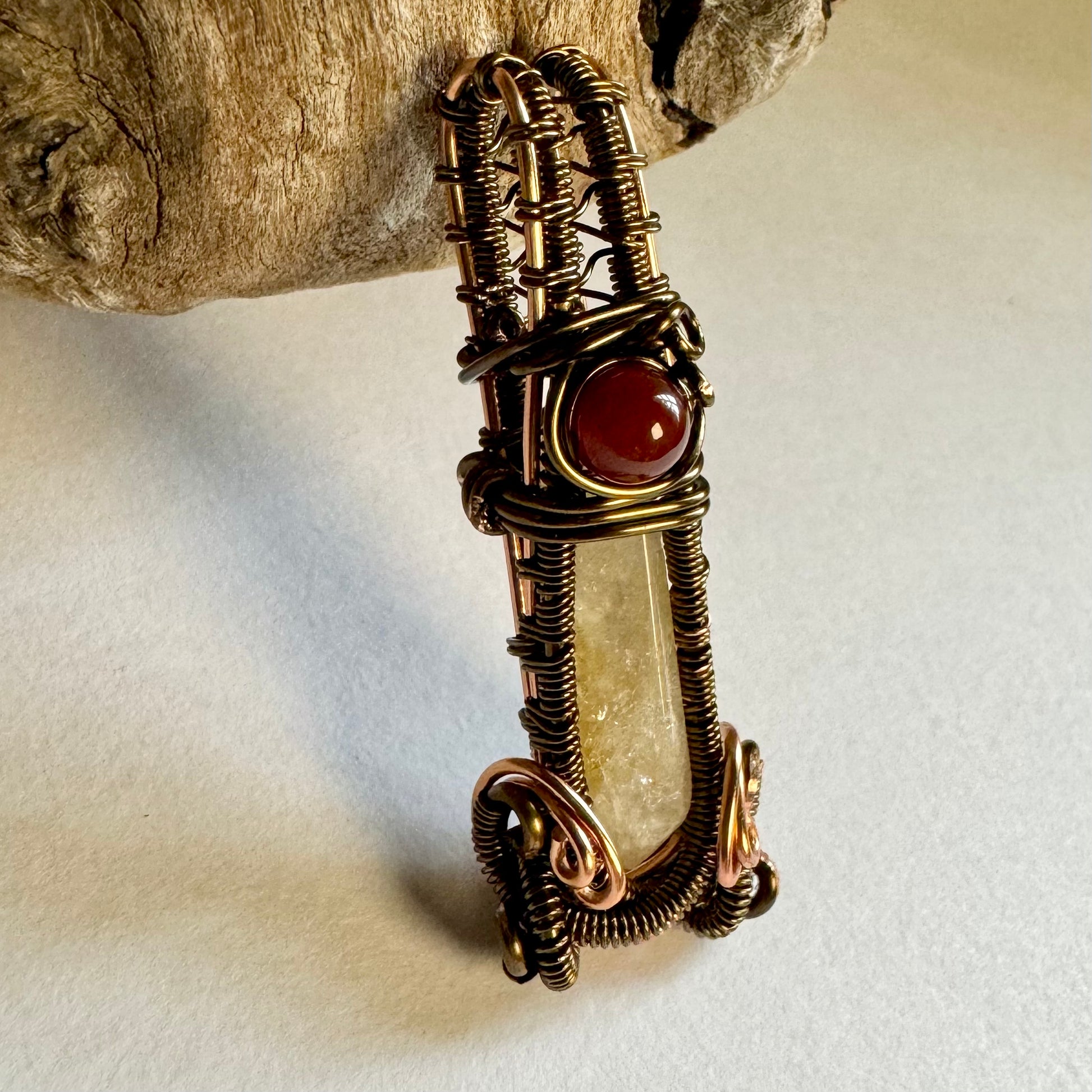 Citrine and Carnelian Wire Wrapped Pendant with Copper and Antique Bronze - R.Kaelber Art