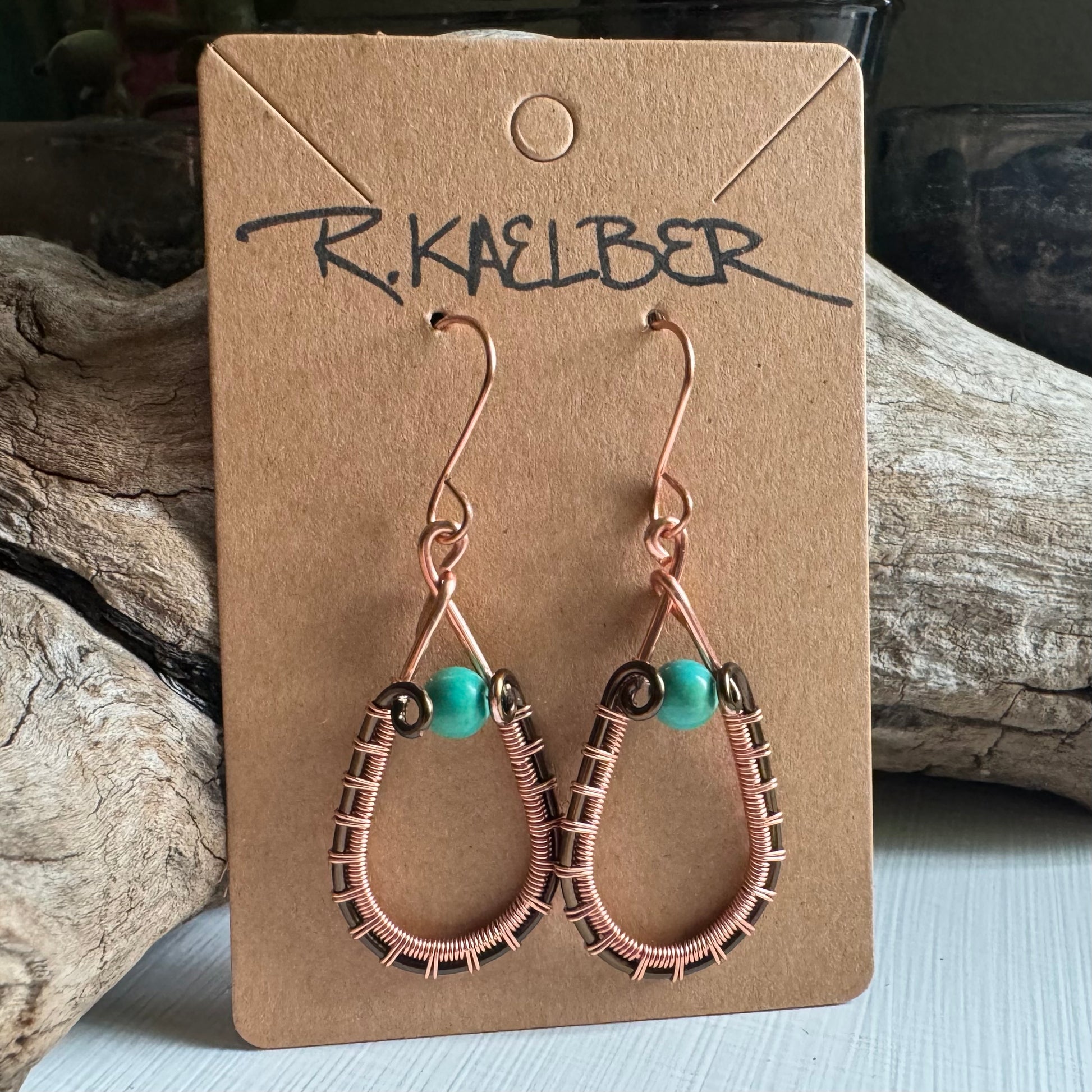 Turquoise Teardrop Earrings with Wire Wrapped Copper and Antique Bronze - R.Kaelber Art