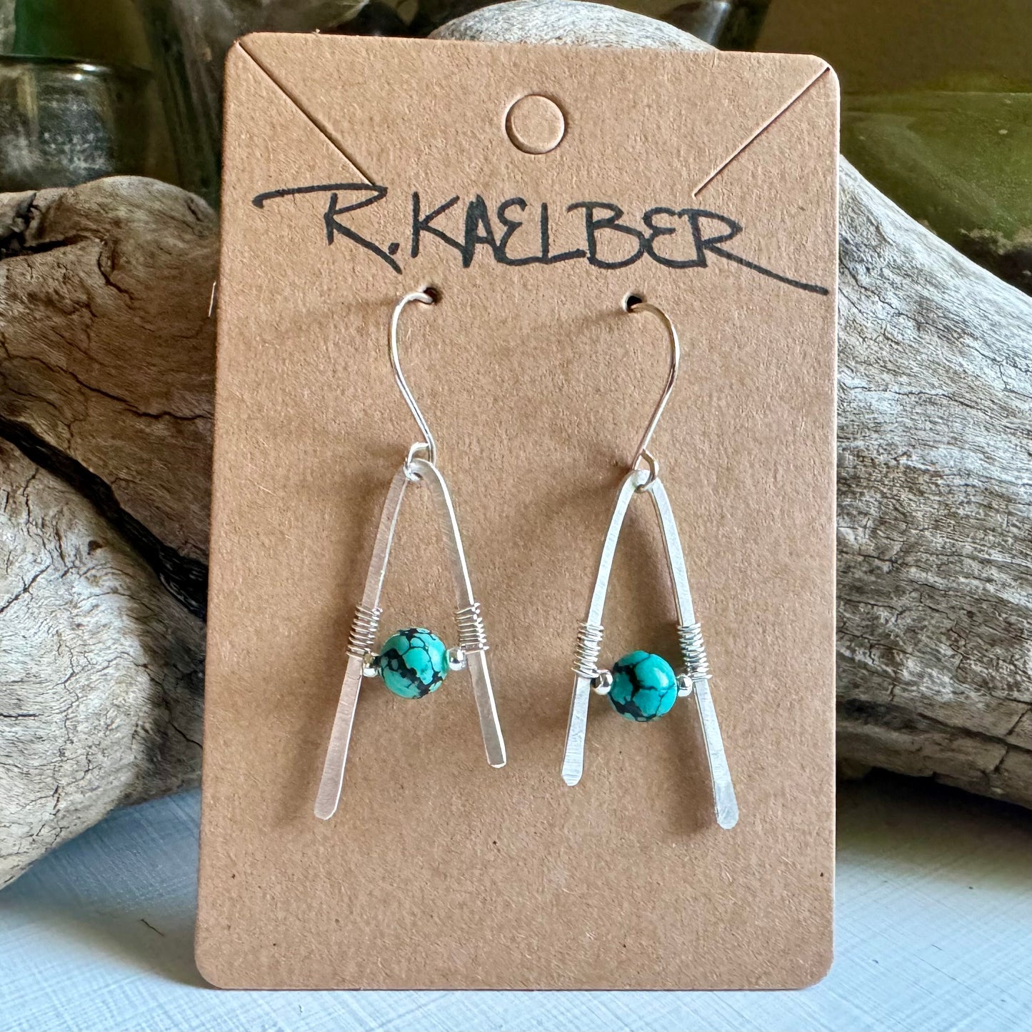 Turquoise A-Frame Earrings with Hammered Sterling Silver