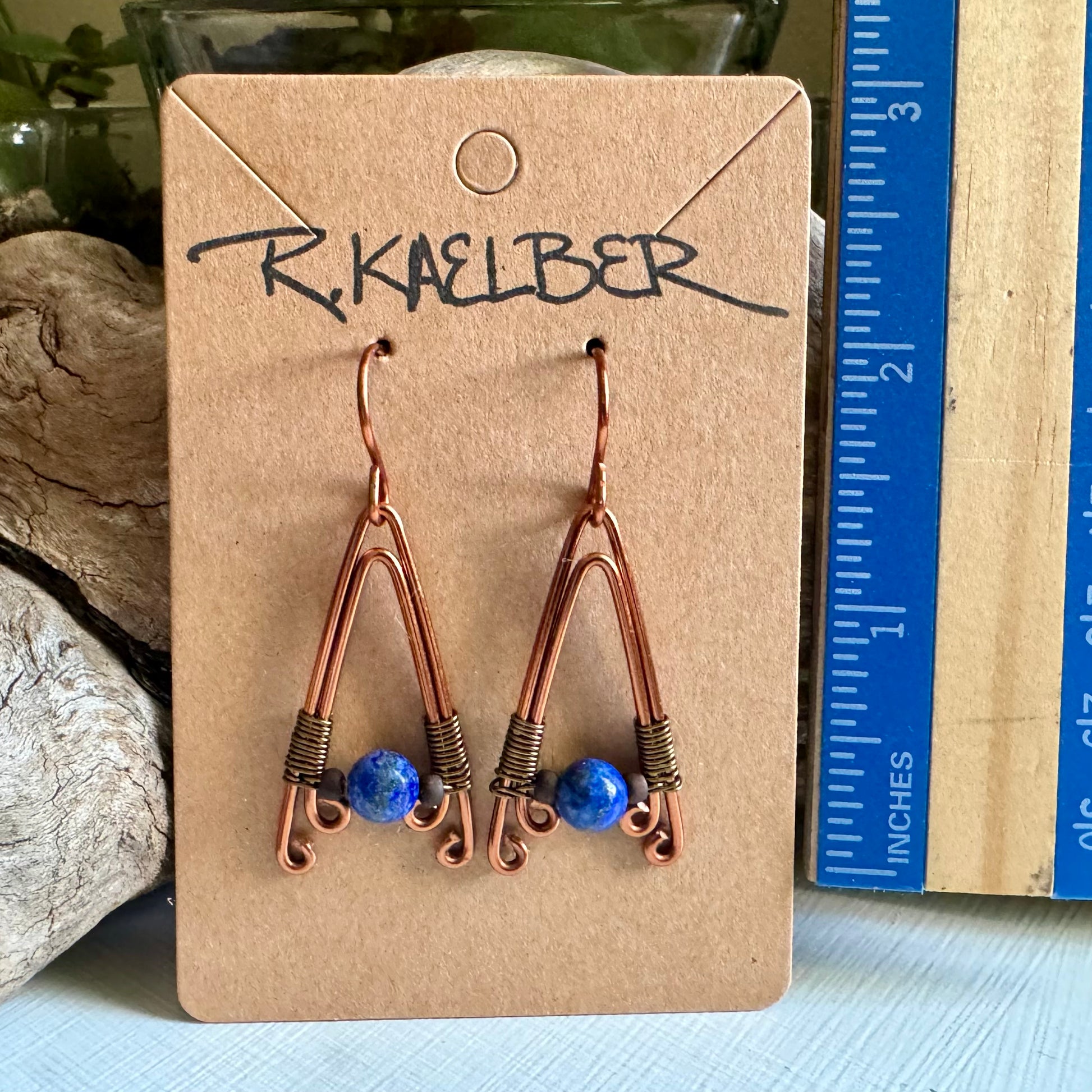 Lapis Lazuli A-Frame Earrings with Antique Copper and Bronze - R.Kaelber Art