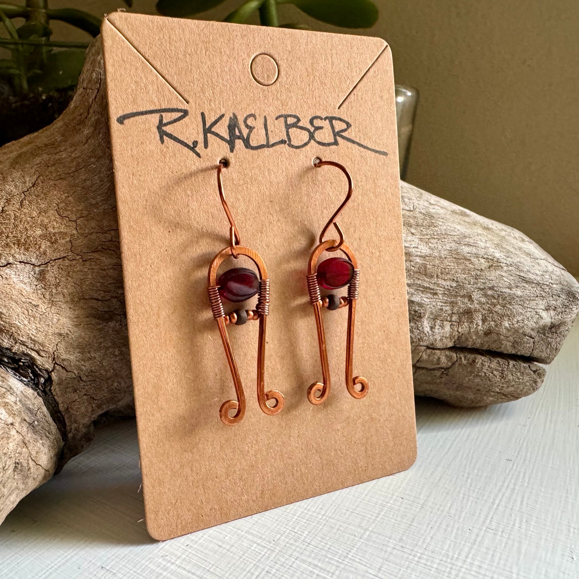 Garnet and Hammered Copper Dangle Earrings - R.Kaelber Art