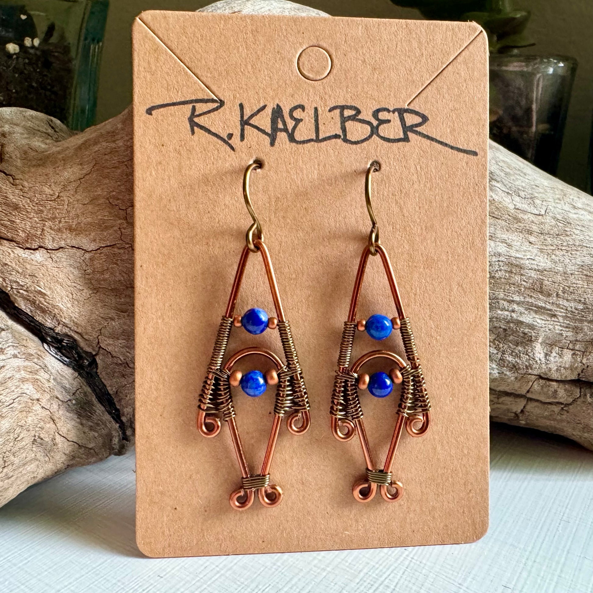 Lapis Lazuli, Copper, and Antique Bronze Wire Wrapped Dangle Earrings - R.Kaelber Art