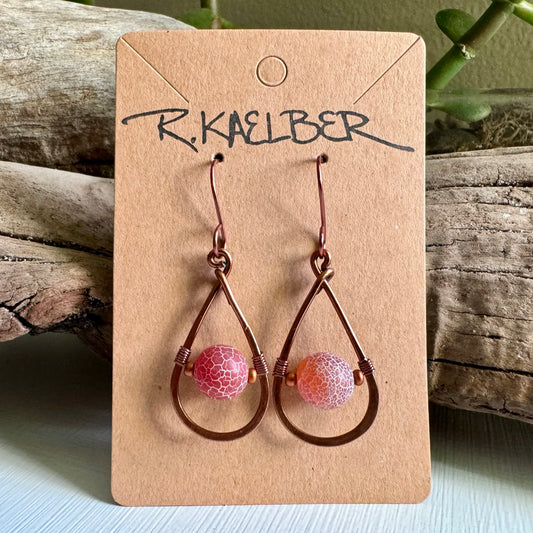 Red-Orange Crackle Agate and Copper Teardrop Earrings