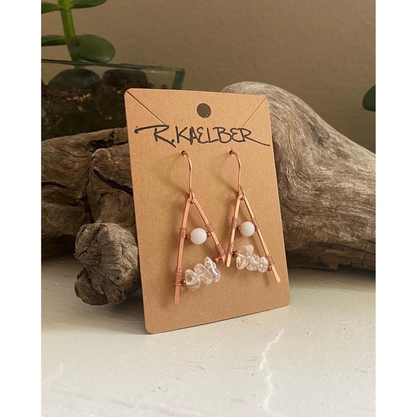 Rainbow Moonstone and Clear Quartz Copper Earrings - R.Kaelber Art