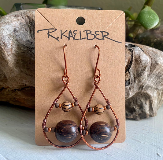 Wood and Copper Teardrop Earrings - R.Kaelber Art