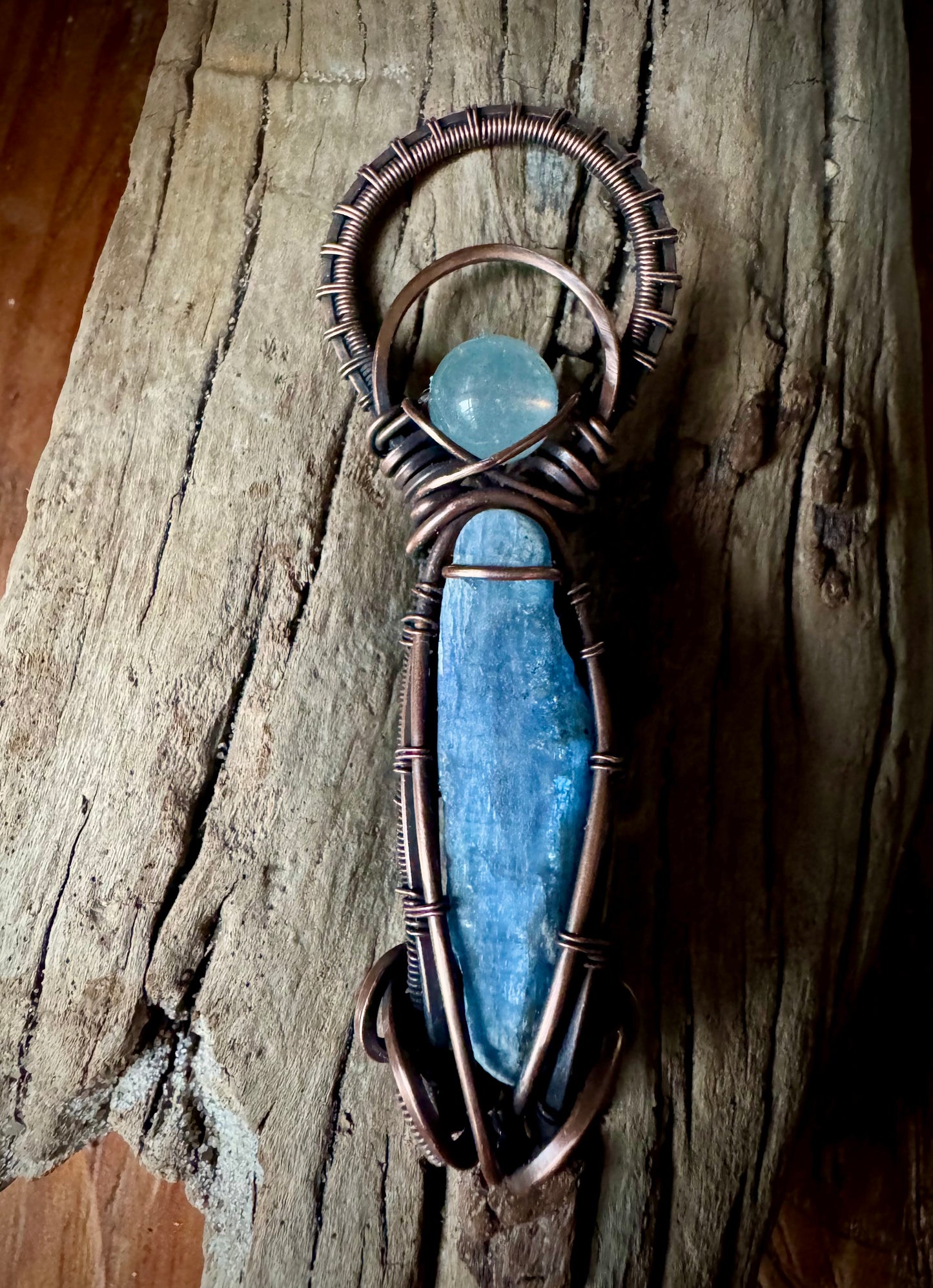 Aquamarine, Kyanite, and Copper Circular Pendant