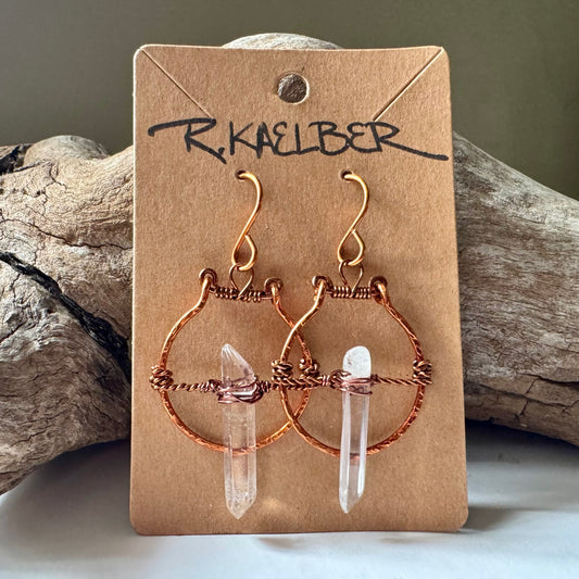 Clear Quartz and Copper Wire Wrapped Dangle Earrings