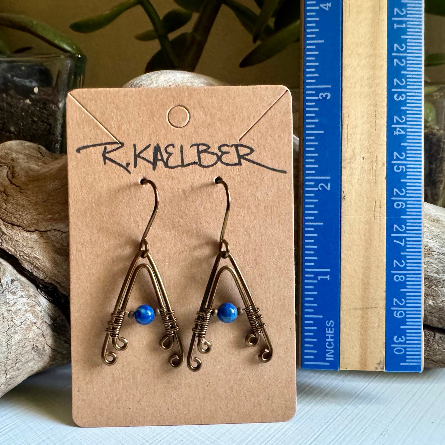 Lapis Lazuli Wire Wrapped A-Frame Earrings with Antique Bronze