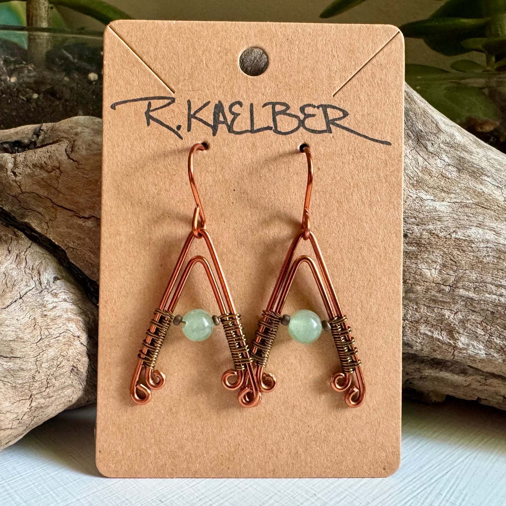 Aventurine, Copper and Antiques Bronze A- Frame Earrings - R.Kaelber Art