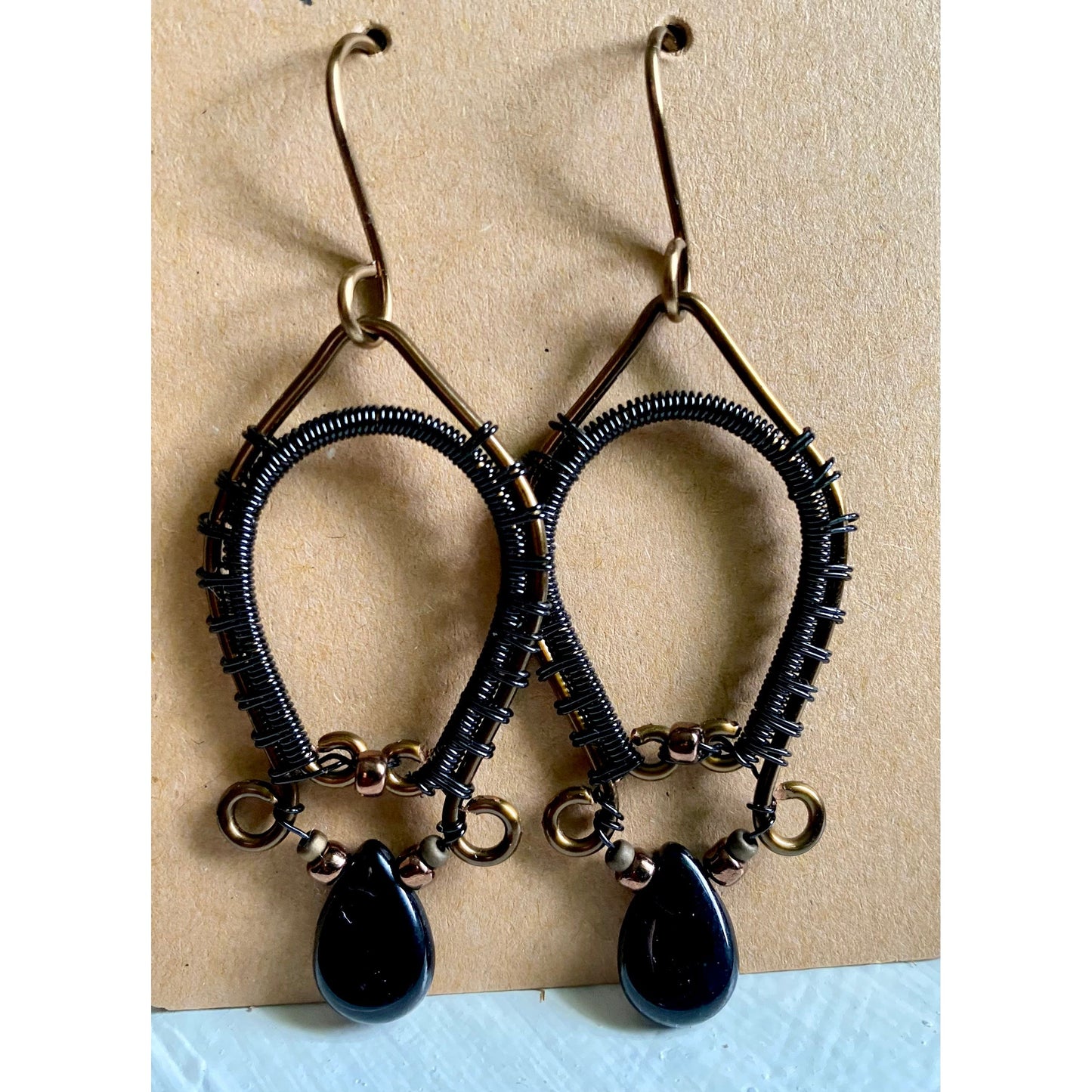 Onyx and Antique Bronze Dangle Earrings - R.Kaelber Art