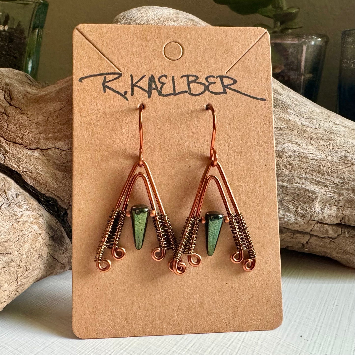 Jet, Copper, and Antique Bronze A-Frame Earrings - R.Kaelber Art