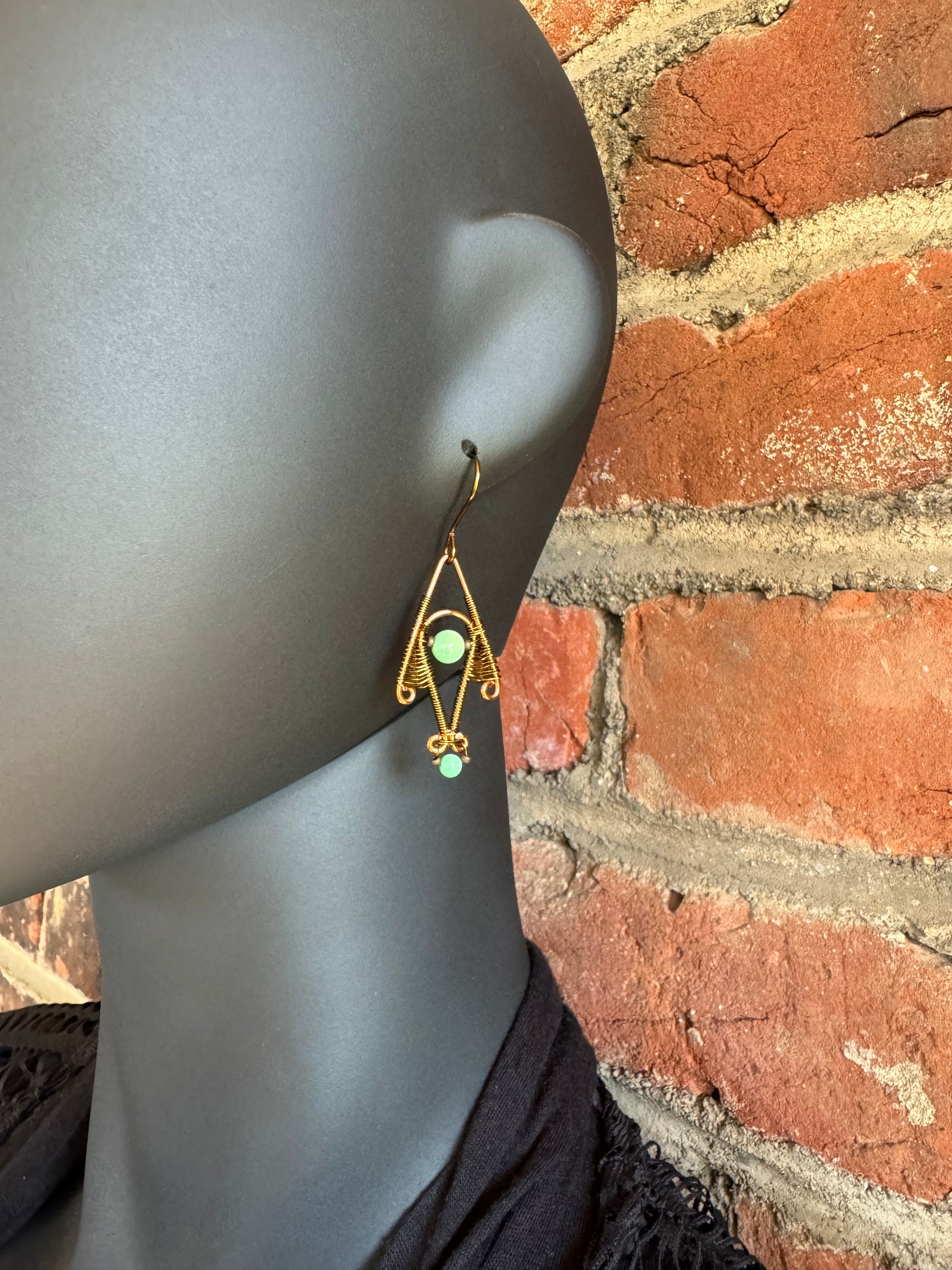 Green Opal,Copper, and Antique Bronze Dangle Earrings - R.Kaelber Art