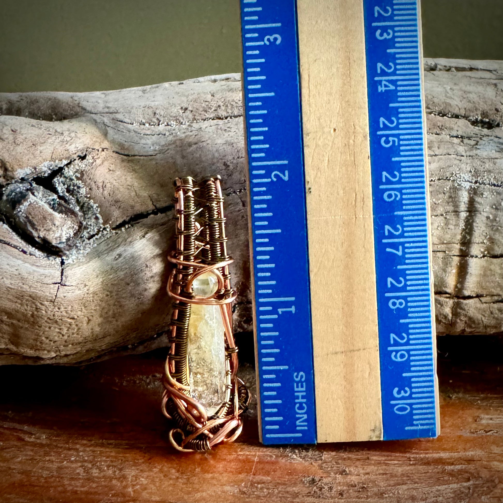 Prehnite and Citrine Pendant Wrapped in Antique Copper and Bronze - R.Kaelber Art