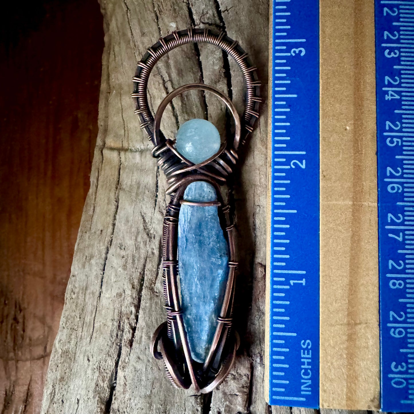 Aquamarine, Kyanite, and Copper Circular Pendant